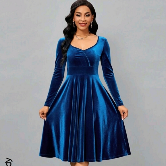 blue velvet dress shein Modelyn Women's Elegant Romantic Velvet Long Sleeve Mini Dress Velvet Dress For Women Navy Blue Elegant Dress